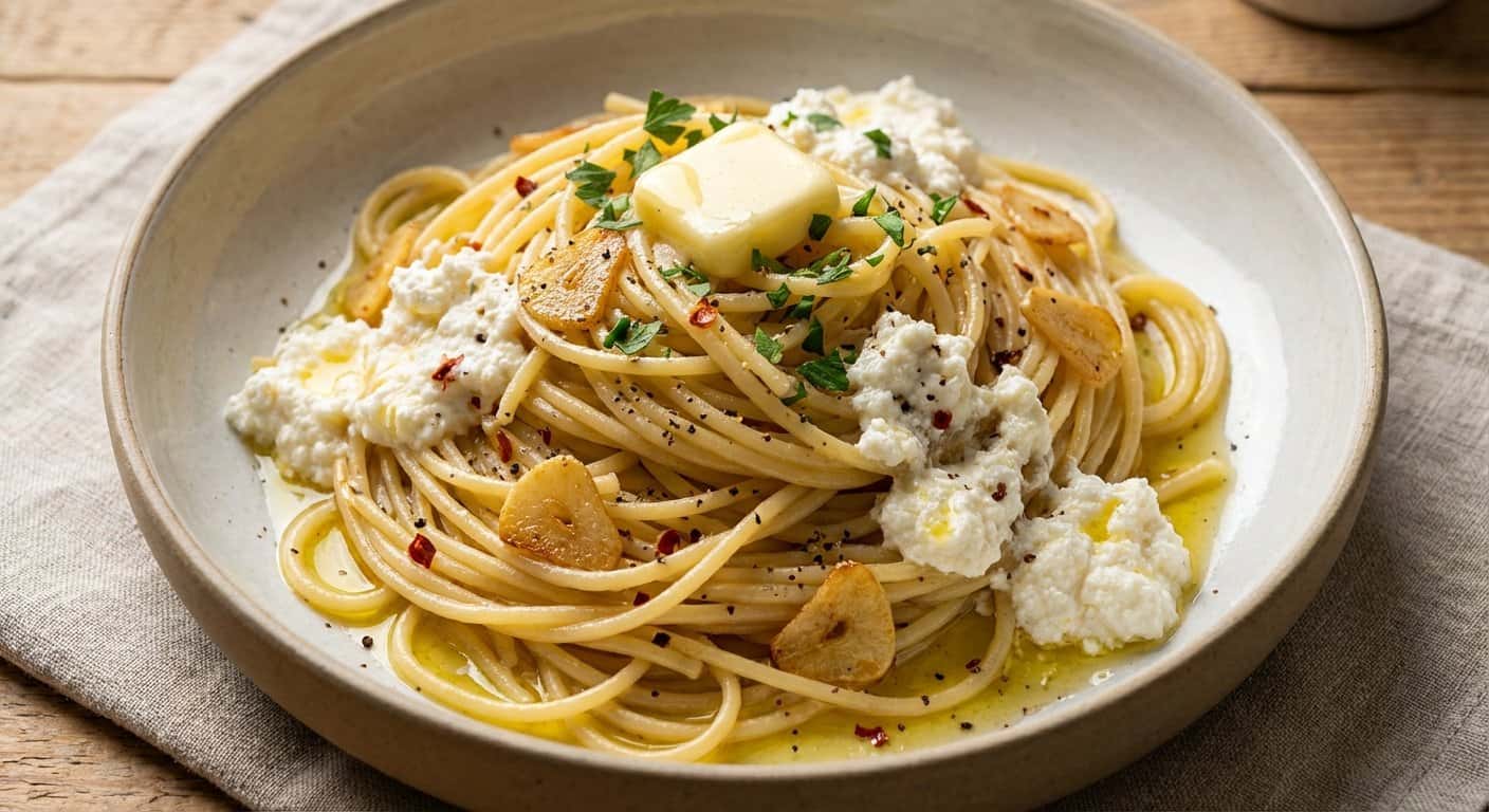 Pasta Salteada con Ajo y Queso Fresco