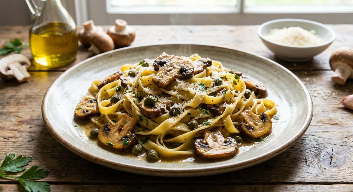 Pasta salteada con champiñones y alcaparras