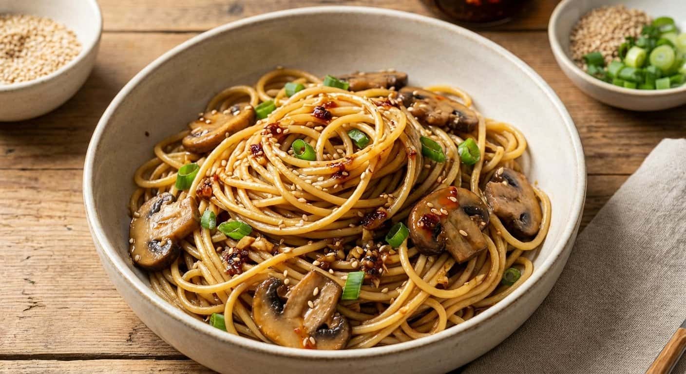 Pasta Salteada con Champiñones y Semillas de Sésamo