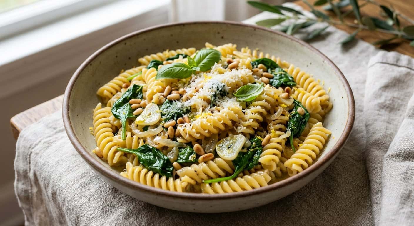 Pasta Salteada con Espinacas y Piñones