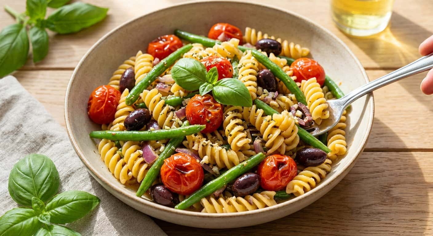 Pasta Salteada con Judías Verdes y Aceitunas