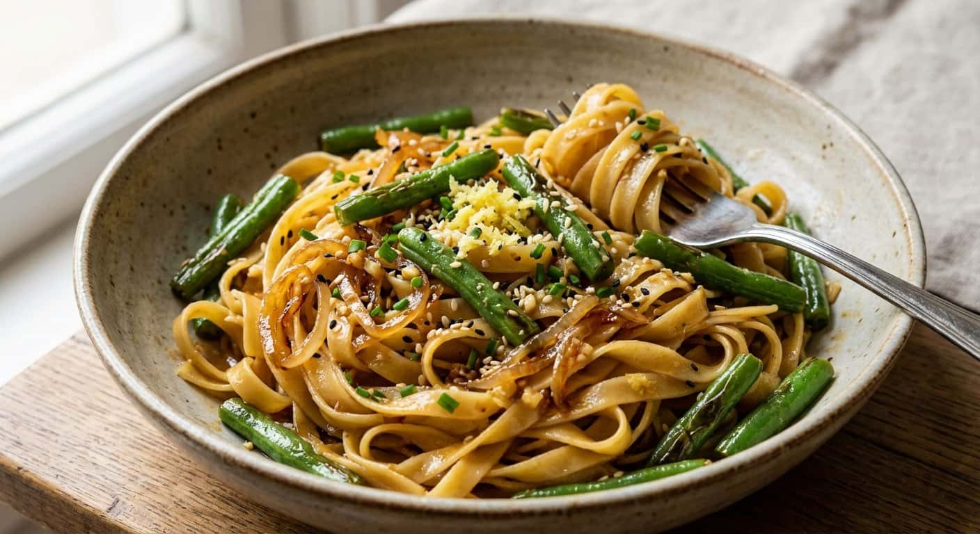Pasta Salteada con Judías Verdes y Semillas de Sésamo
