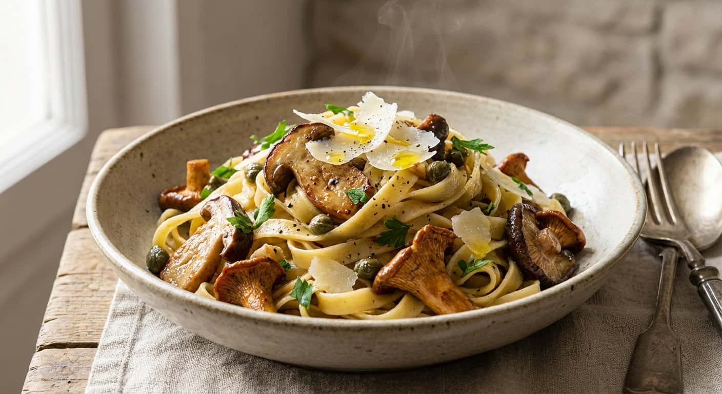 Pasta Salteada con Setas y Alcaparras