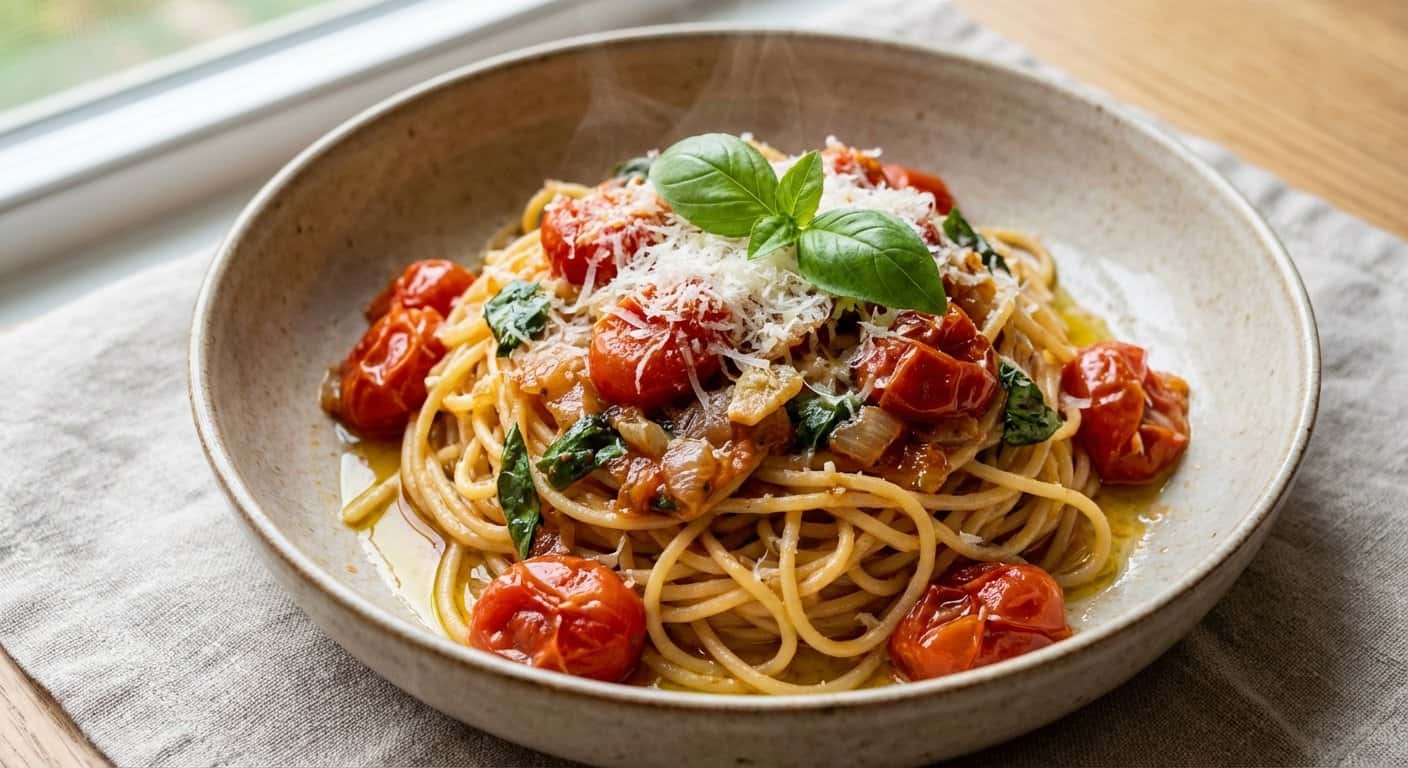 Pasta Salteada con Tomate y Albahaca