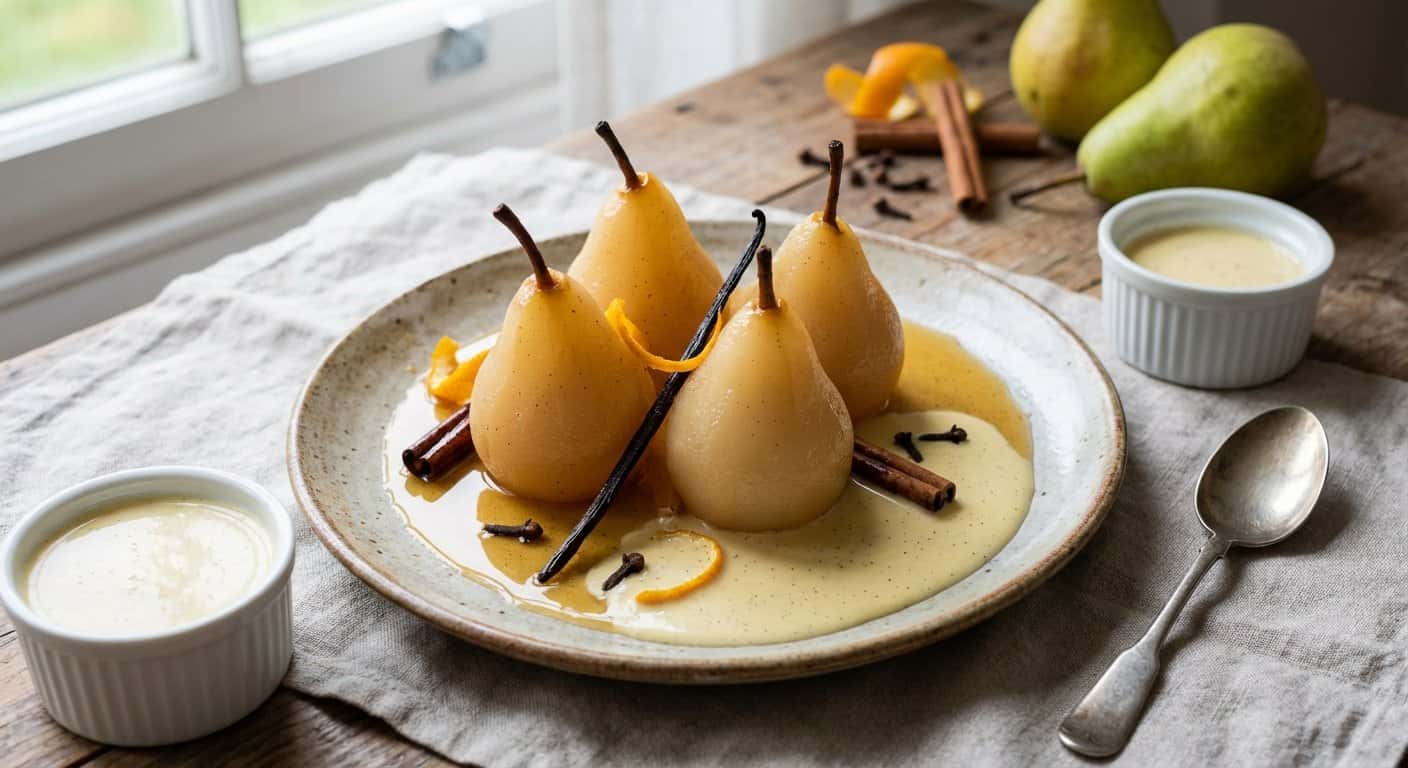 Pera Pochada con Especias y Crema Inglesa