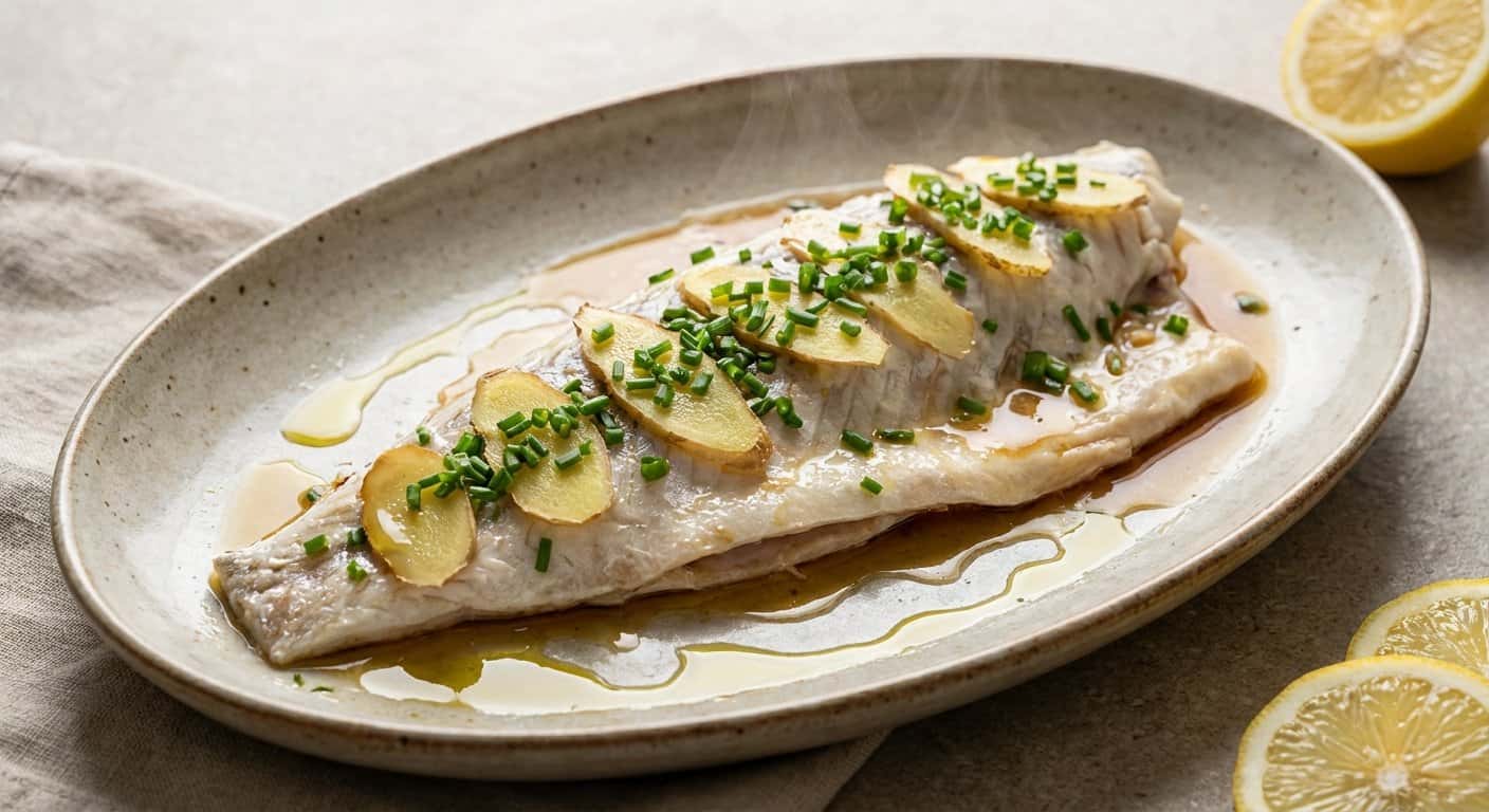 Pescado al Vapor con Jengibre, Salsa de Soja Baja en Sal y Cebollino