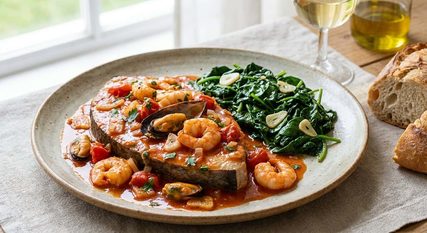 Pez Espada a la Marinera con Espinacas Salteadas