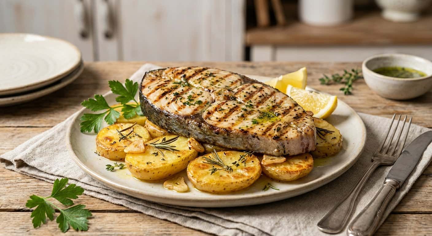 Pez espada a la parrilla con patatas panadera
