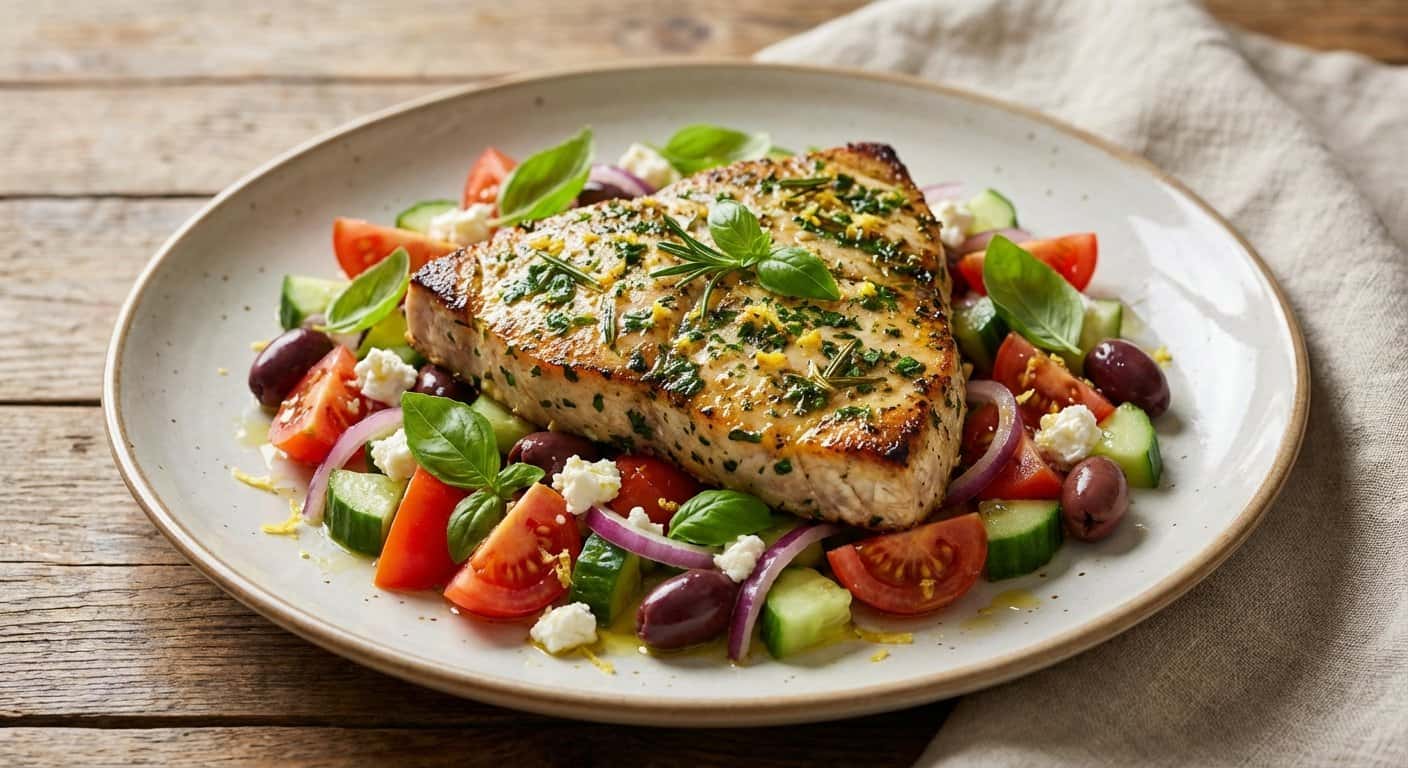 Pez espada con costra de hierbas con ensalada fresca