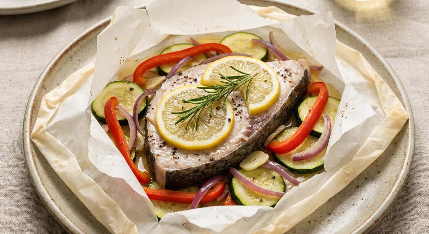 Pez espada en papillote con verduras al vapor