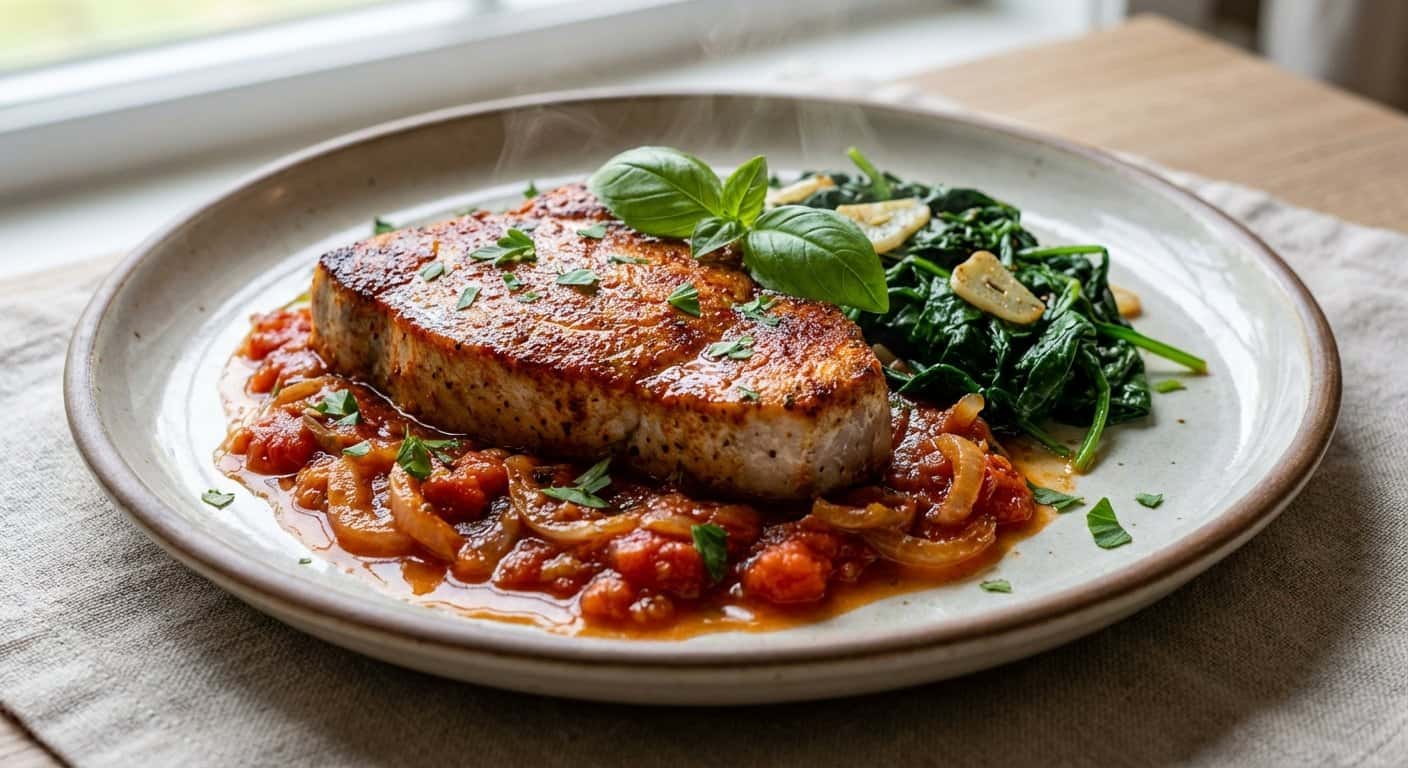 Pez Espada en Salsa de Tomate con Espinacas Salteadas