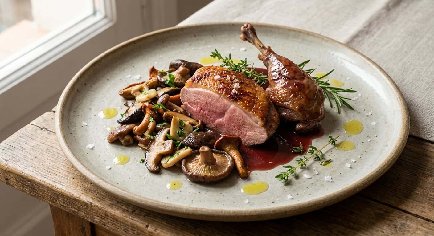 Pichón en dos cocciones con setas