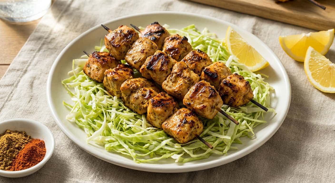 Pinchos de Pollo Marinados con Comino y Repollo