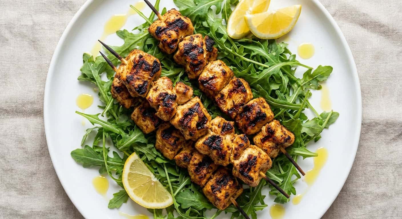 Pinchos de Pollo Marinados con Comino y Rúcula