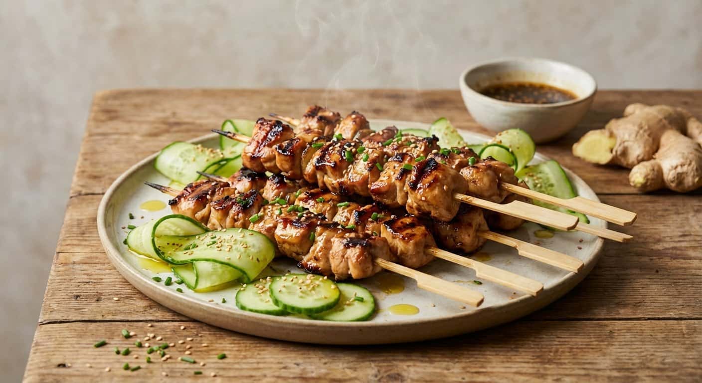 Pinchos de Pollo Marinados con Jengibre y Pepino