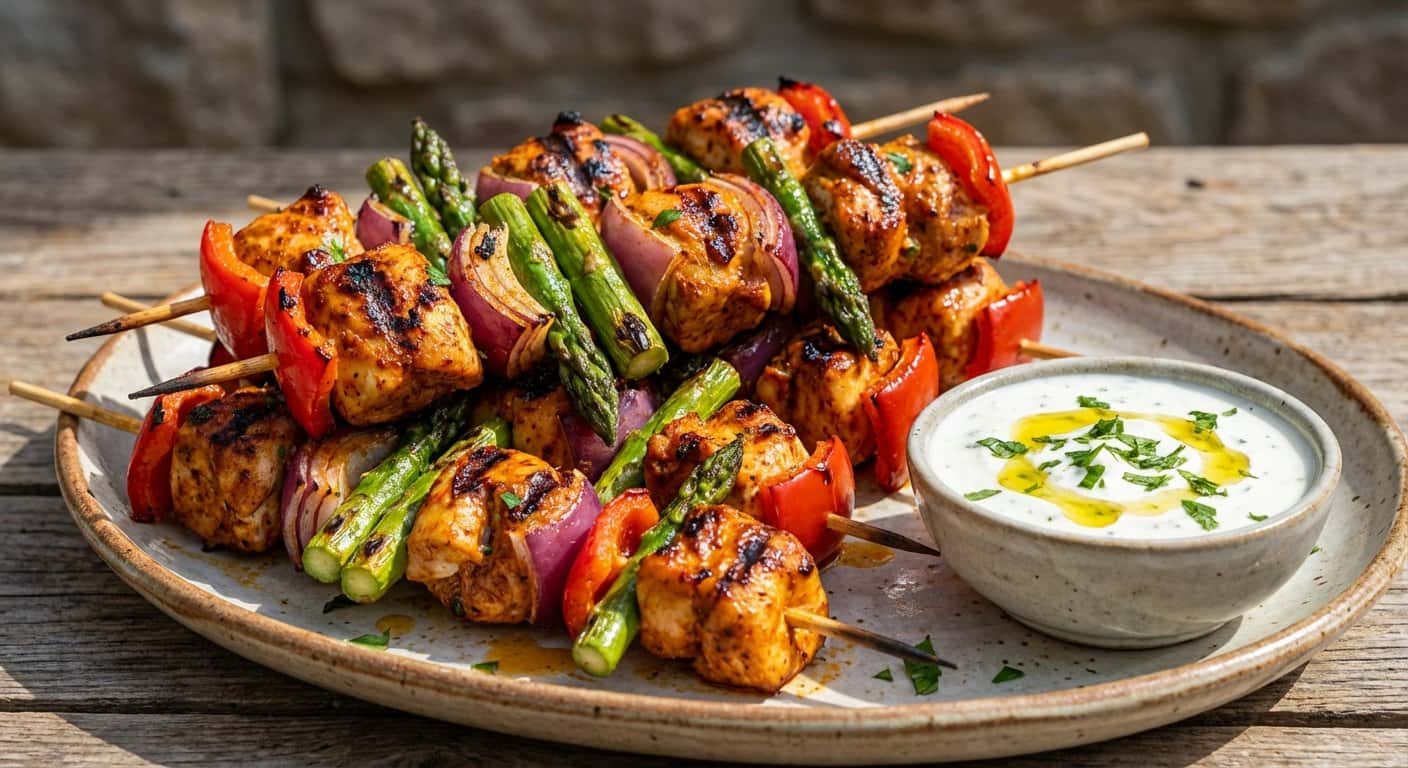 Pinchos de pollo marinados con pimentón dulce y espárragos