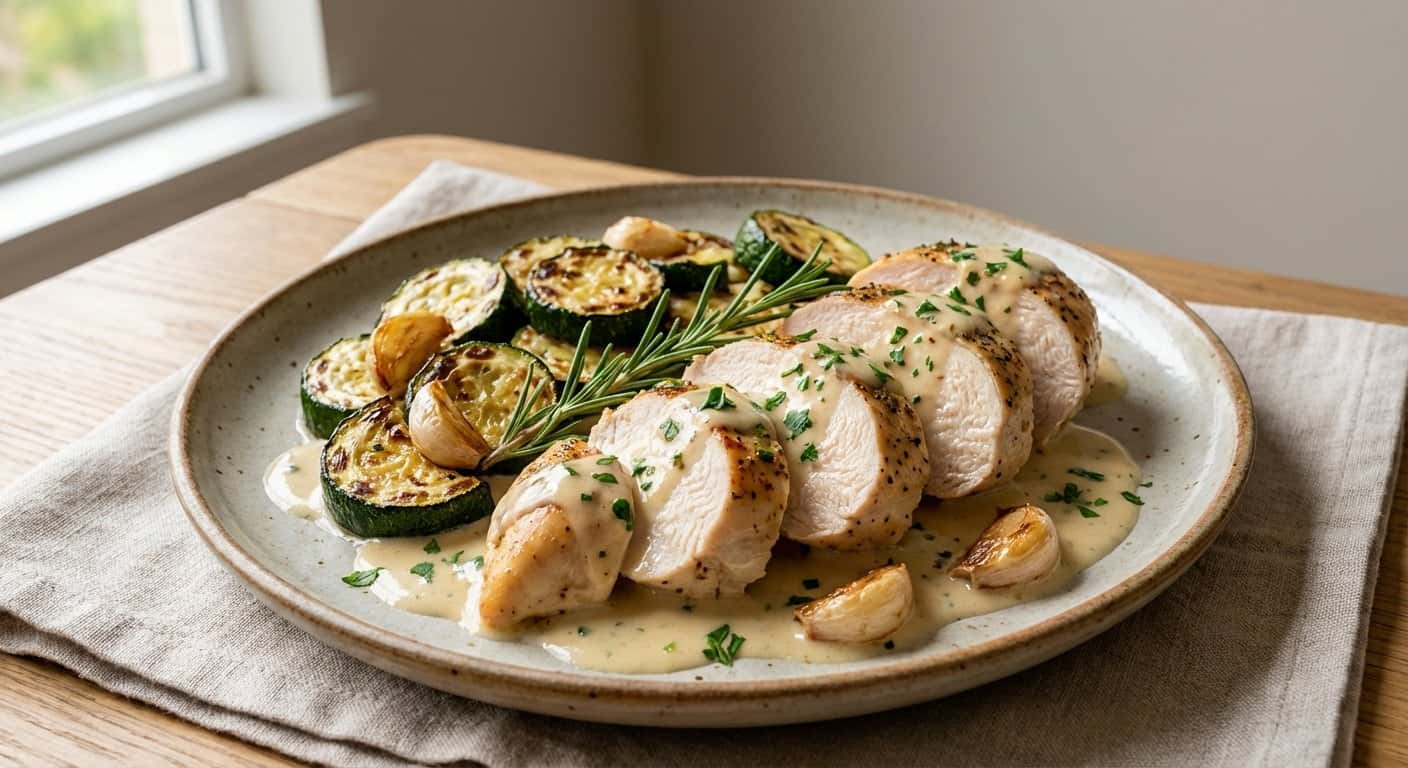 Pollo a baja temperatura con calabacín y salsa de ajo en Thermomix