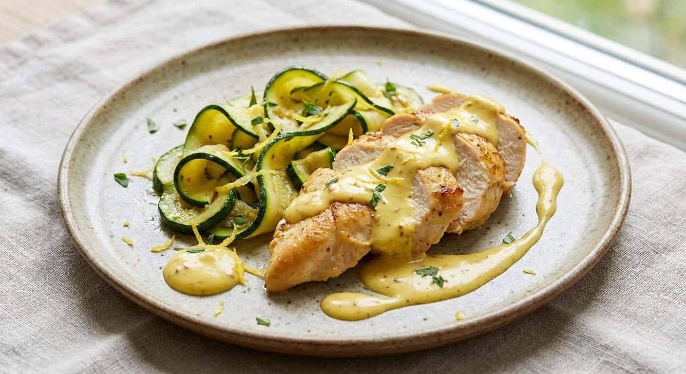 Pollo a baja temperatura con calabacín y salsa de mostaza en Thermomix