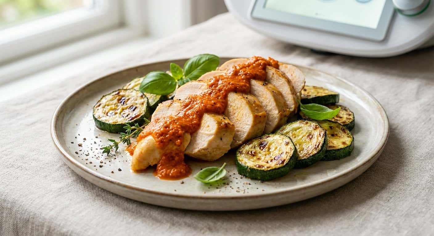Pollo a baja temperatura con calabacín y salsa de pimiento en Thermomix