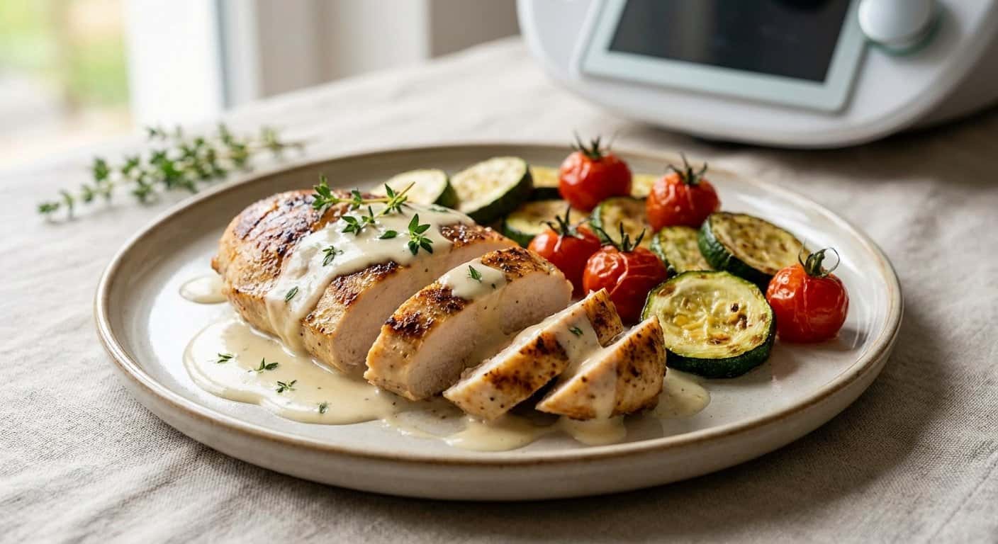 Pollo a baja temperatura con calabacín y salsa de vino blanco en Thermomix