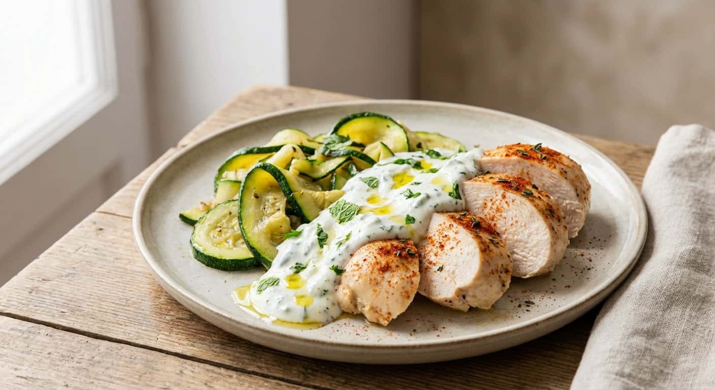 Pollo a baja temperatura con calabacín y salsa de yogur en Thermomix