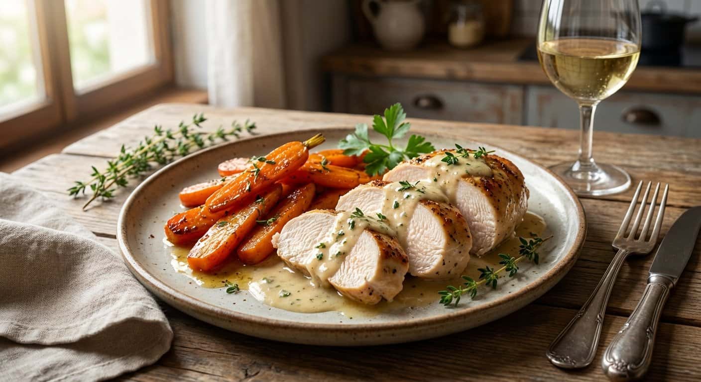 Pollo a baja temperatura con zanahoria y salsa de ajo en Thermomix