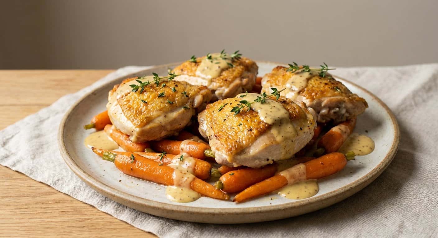 Pollo a baja temperatura con zanahoria y salsa de mostaza en Thermomix