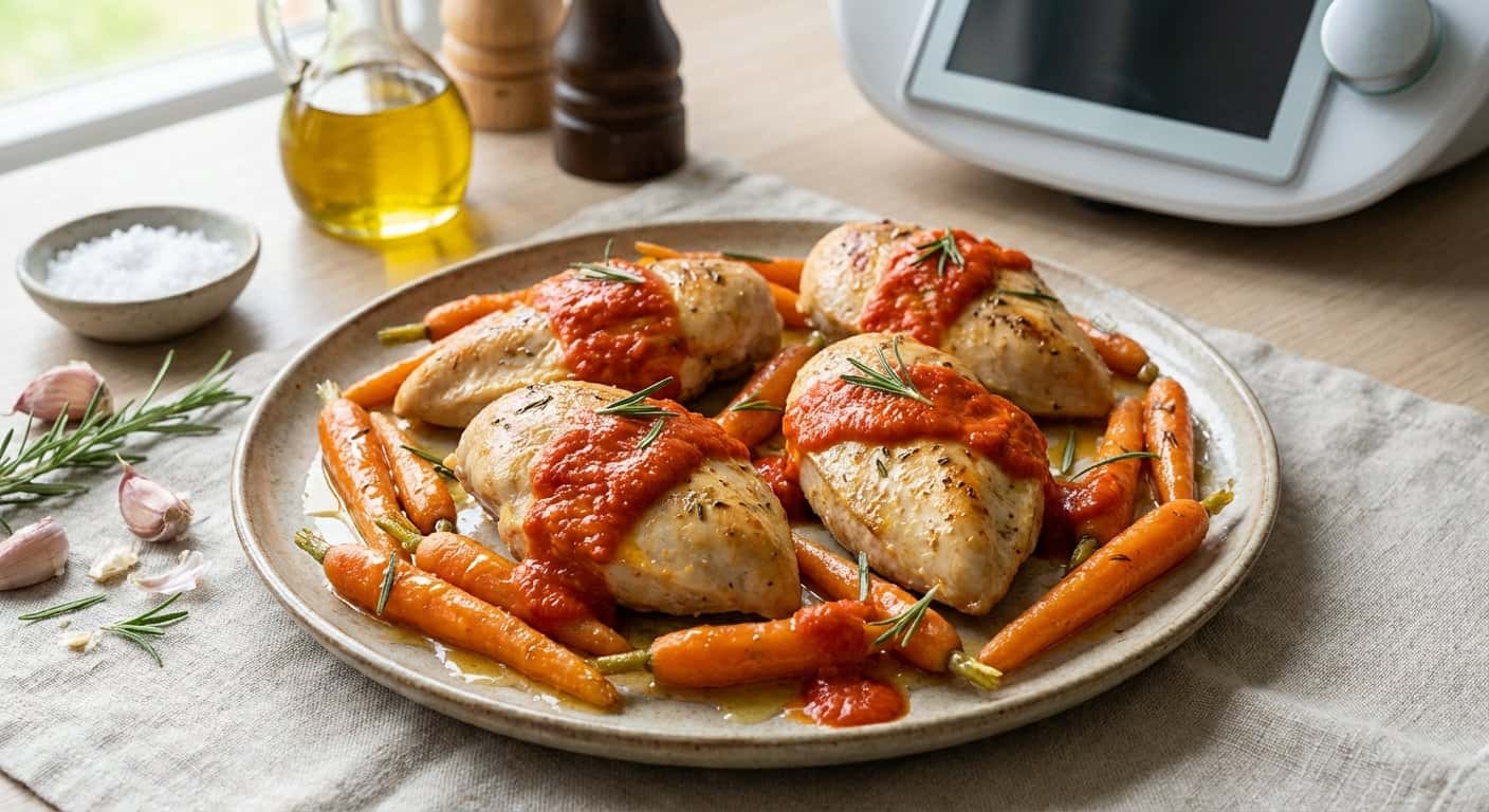 Pollo a baja temperatura con zanahoria y salsa de pimiento en Thermomix