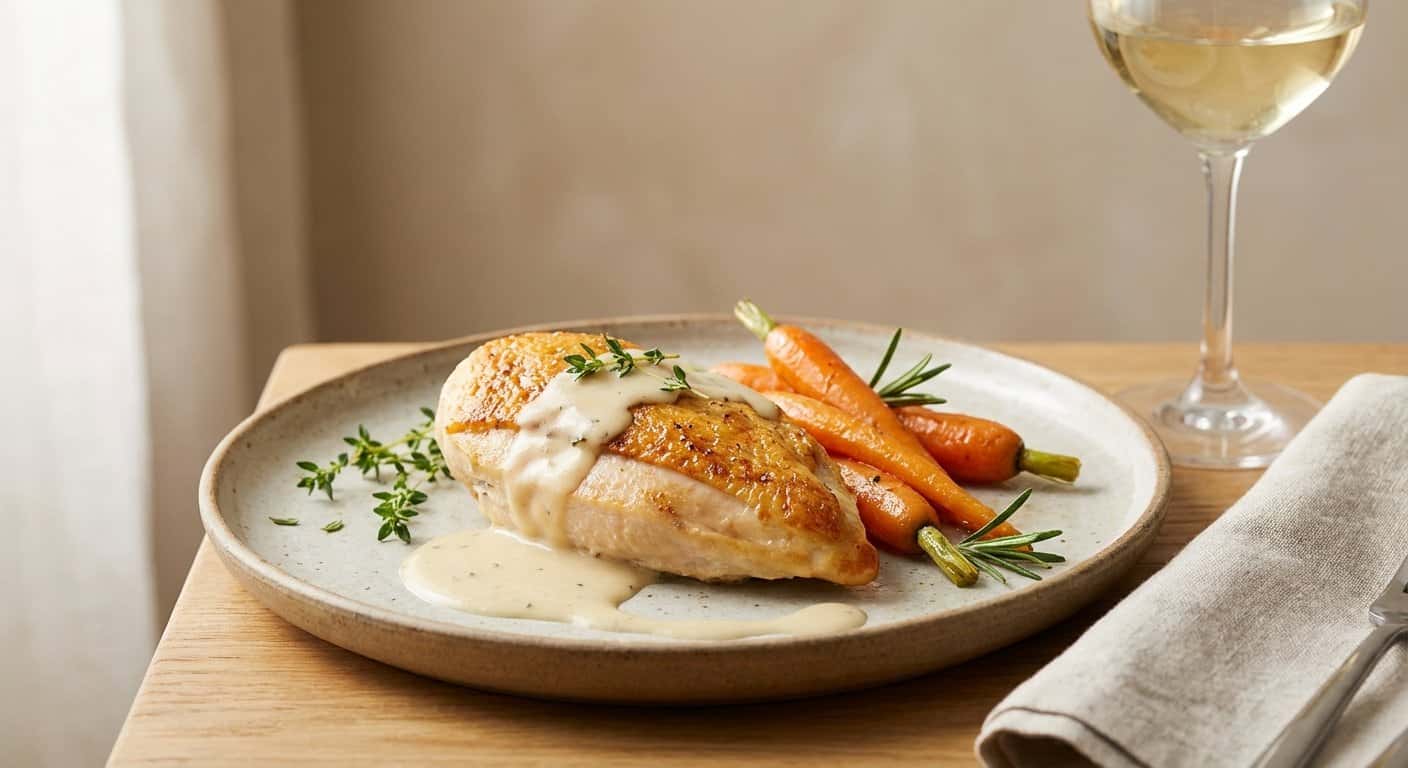 Pollo a baja temperatura con zanahoria y salsa de vino blanco en Thermomix