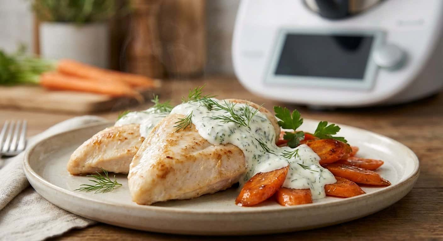 Pollo a baja temperatura con zanahoria y salsa de yogur en Thermomix