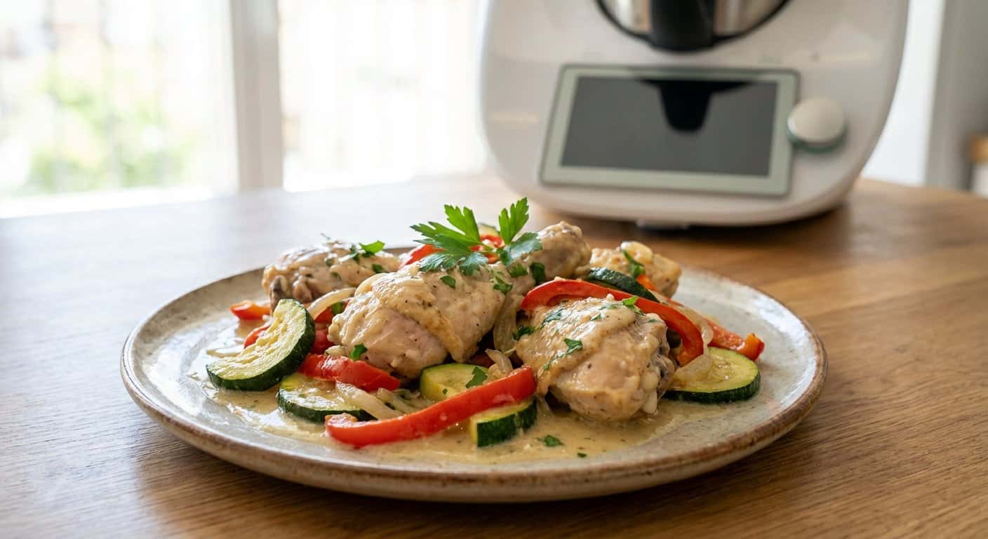 Pollo a la jardinera con calabacín y salsa de ajo en Thermomix