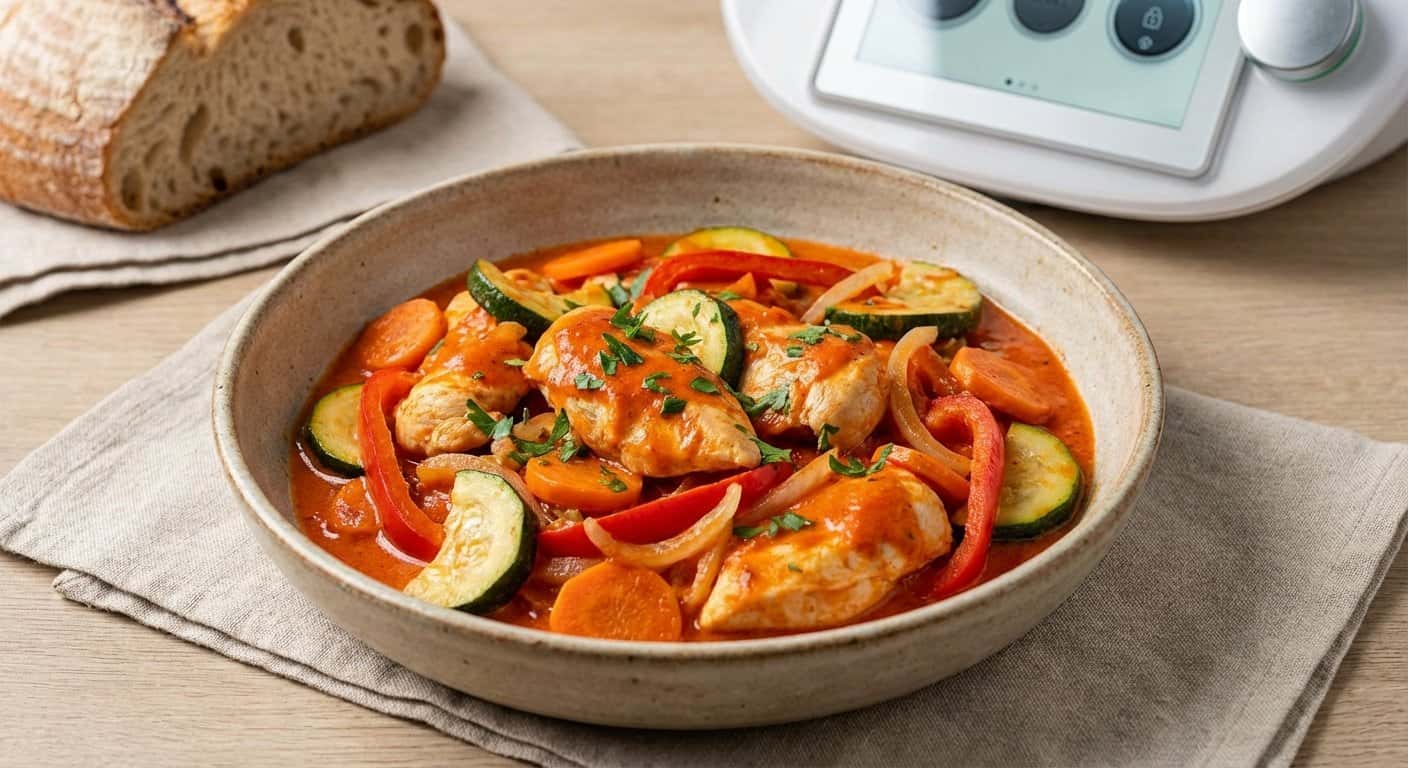 Pollo a la jardinera con calabacín y salsa de pimiento en Thermomix