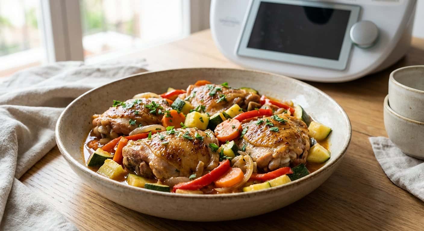 Pollo a la jardinera con calabacín y salsa de vino blanco en Thermomix
