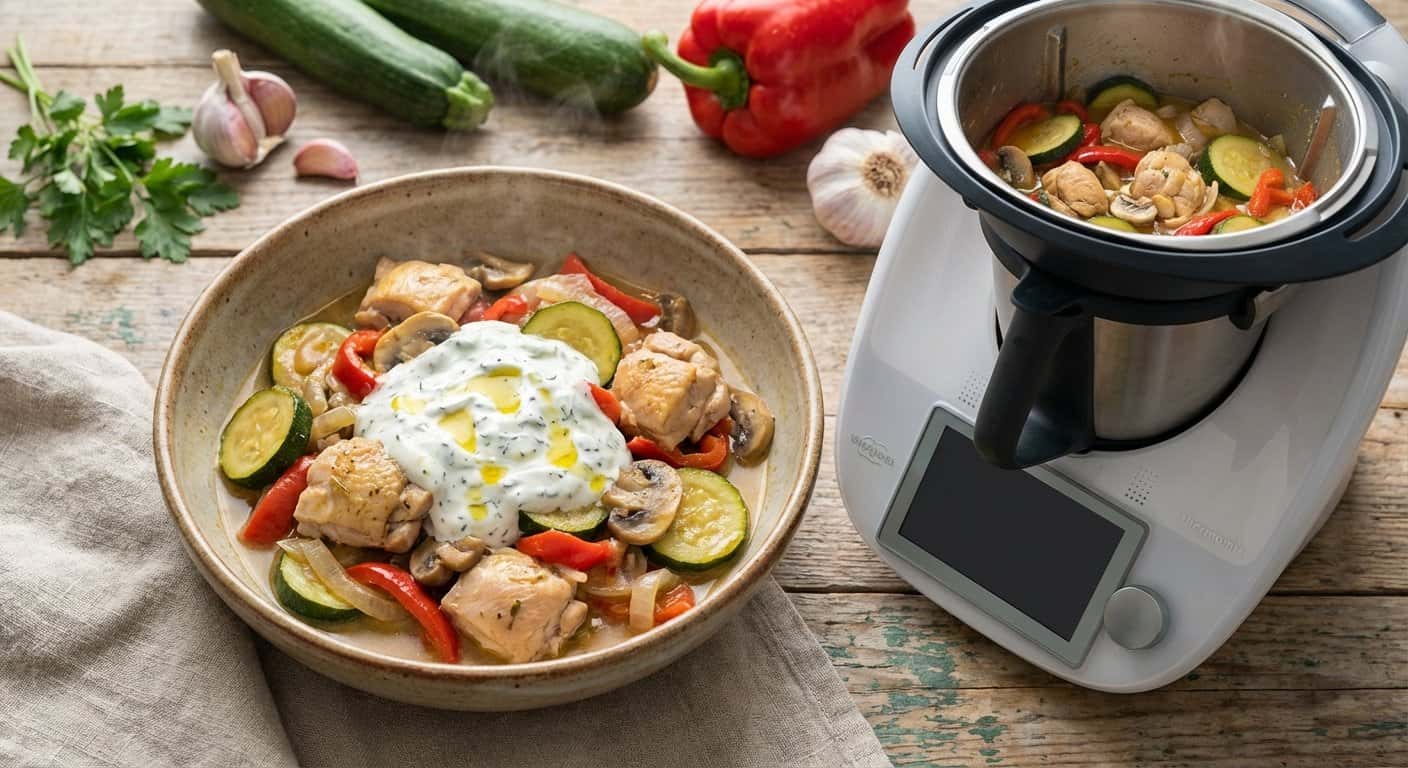 Pollo a la jardinera con calabacín y salsa de yogur en Thermomix