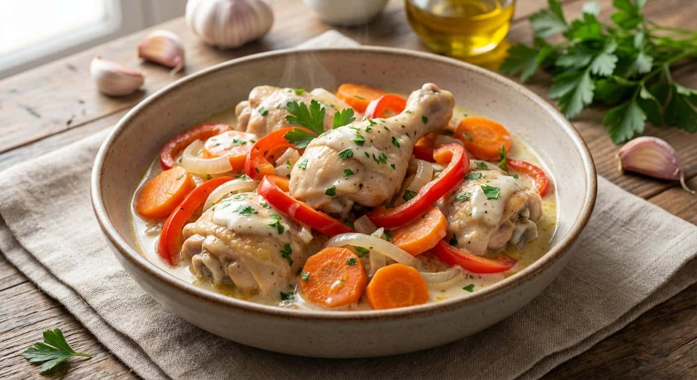 Pollo a la jardinera con zanahoria y salsa de ajo en Thermomix