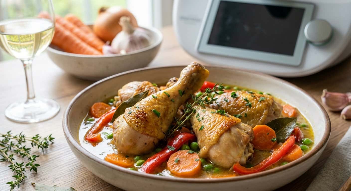 Pollo a la jardinera con zanahoria y salsa de vino blanco en Thermomix