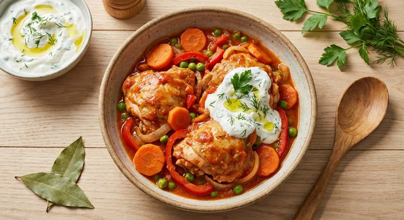 Pollo a la jardinera con zanahoria y salsa de yogur en Thermomix