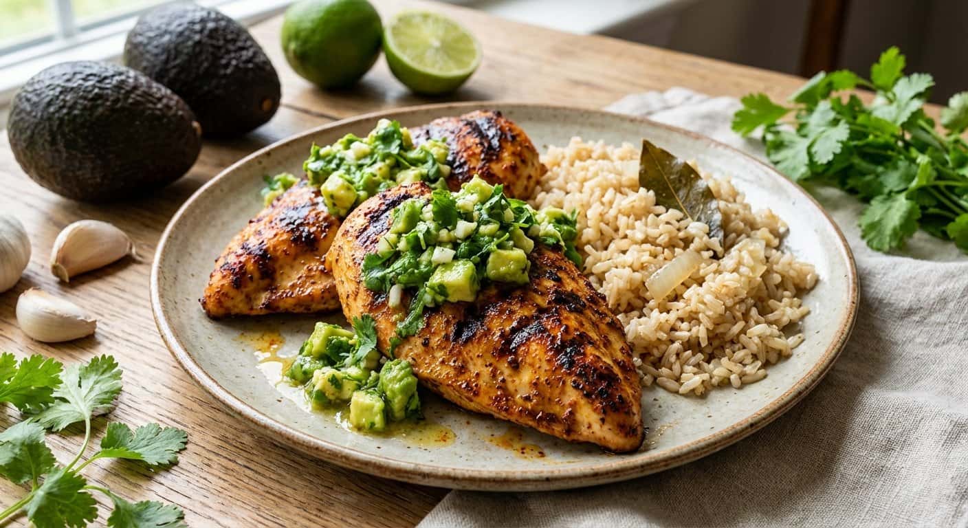 Pollo a la plancha con salsa de aguacate y arroz integral