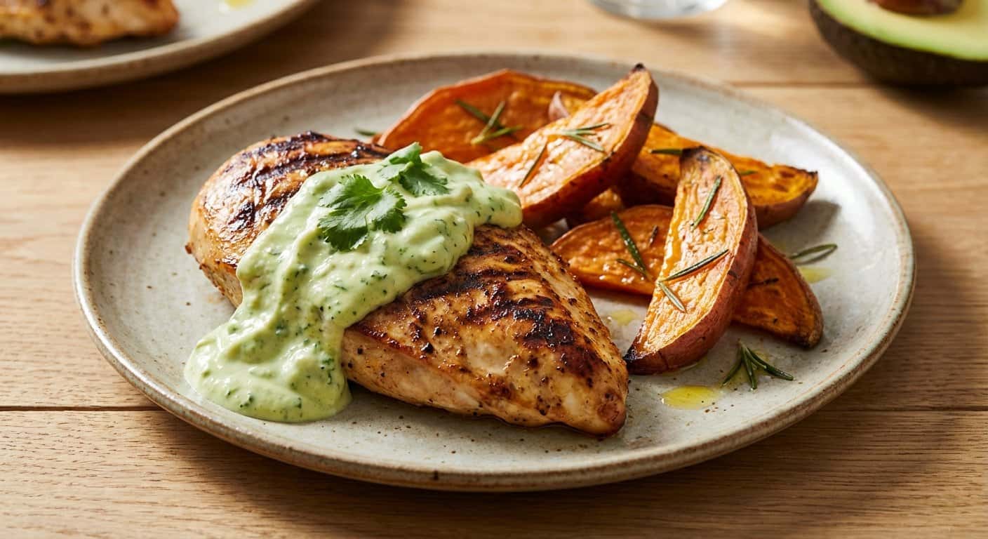 Pollo a la plancha con salsa de aguacate y boniato asado