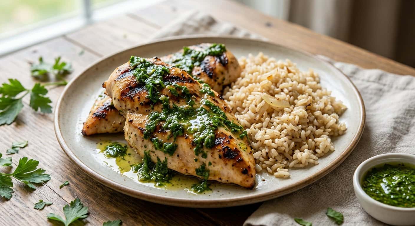 Pollo a la plancha con salsa de hierbas y arroz integral