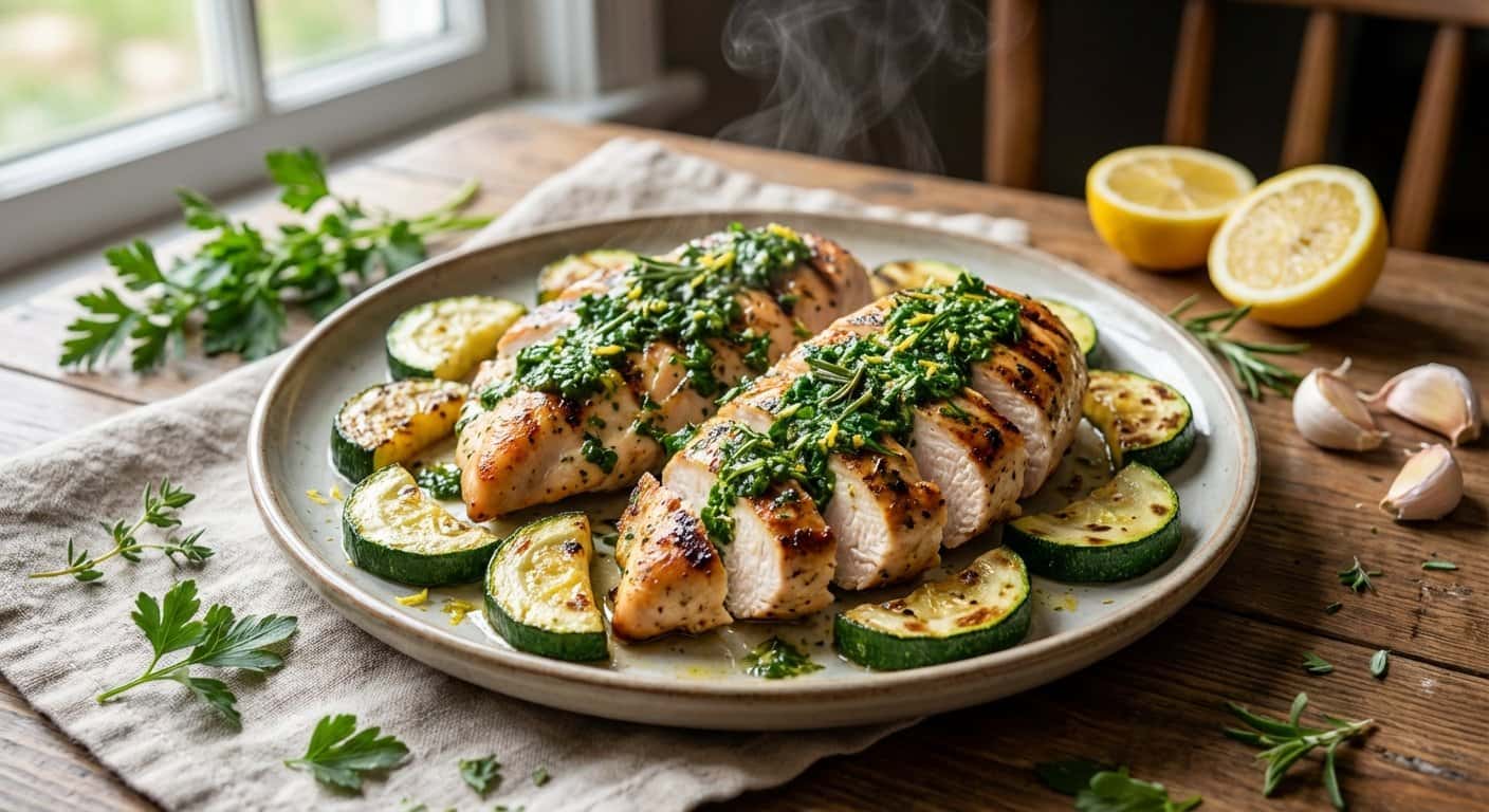 Pollo a la plancha con salsa de hierbas y calabacín