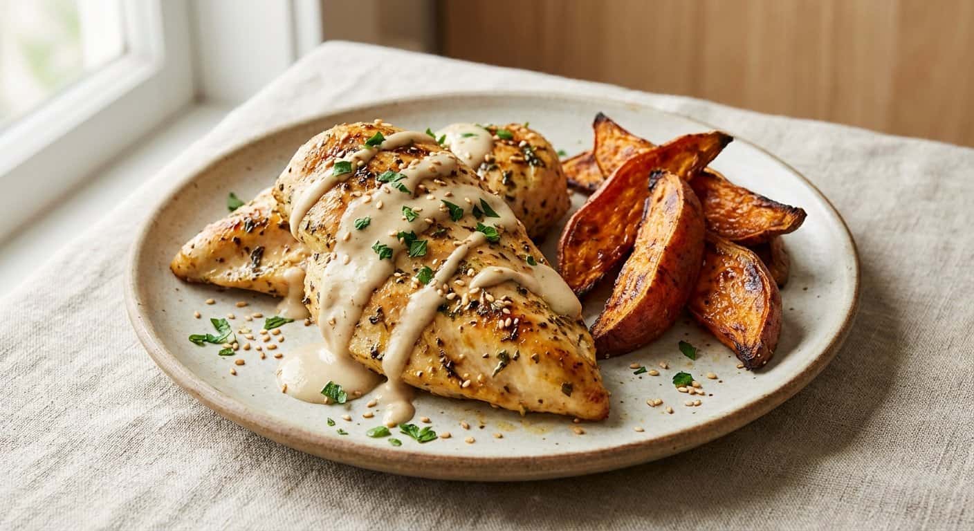 Pollo a la plancha con salsa de tahini ligera y boniato asado