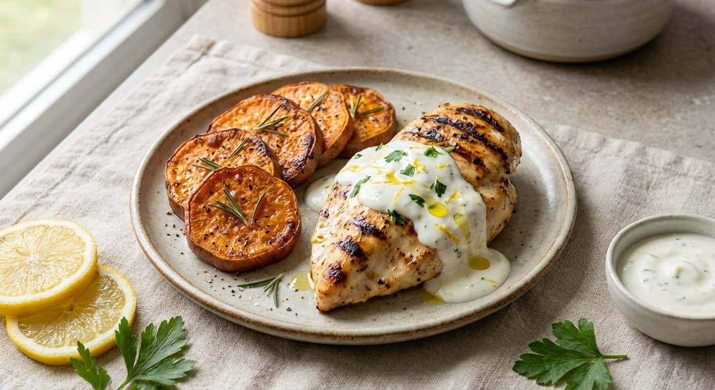 Pollo a la plancha con salsa de yogur y limón y boniato asado