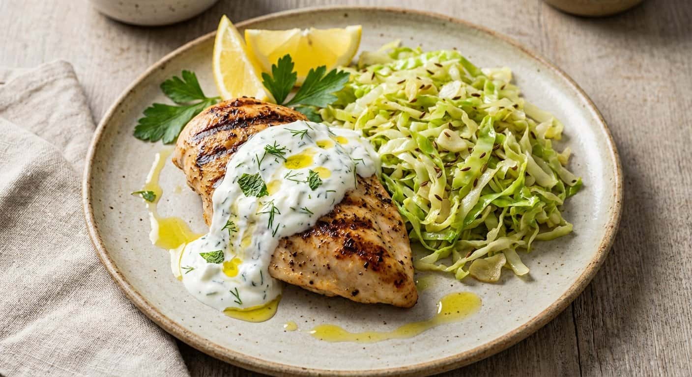 Pollo a la plancha con salsa de yogur y repollo