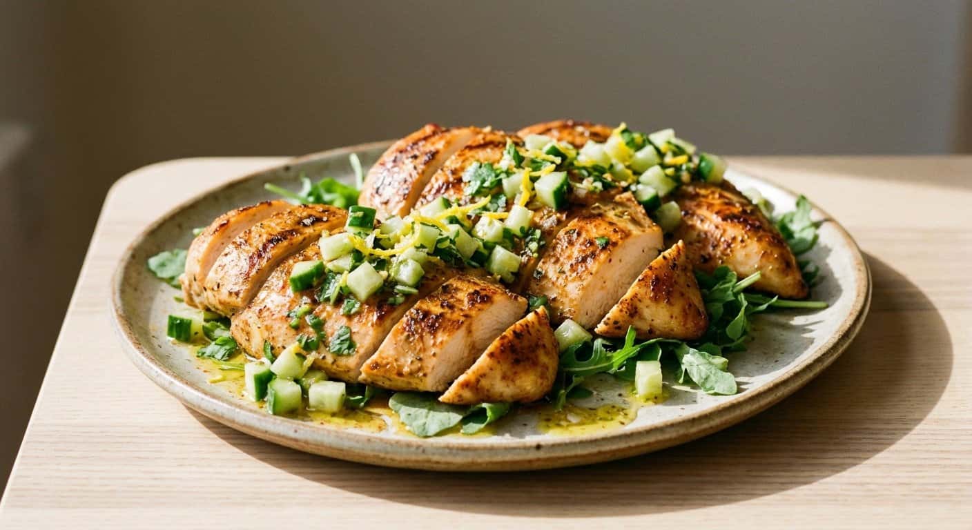 Pollo a la plancha con vinagreta de limón y pepino