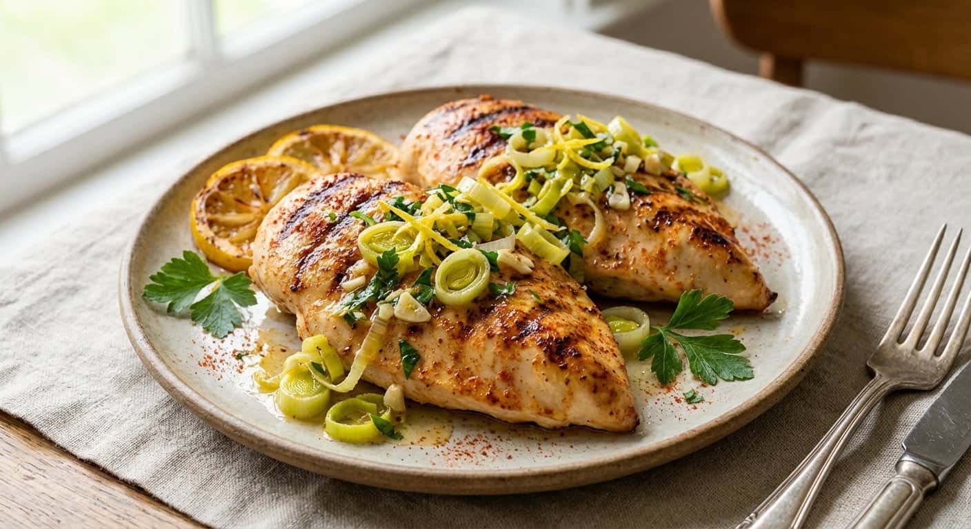 Pollo a la plancha con vinagreta de limón y puerro