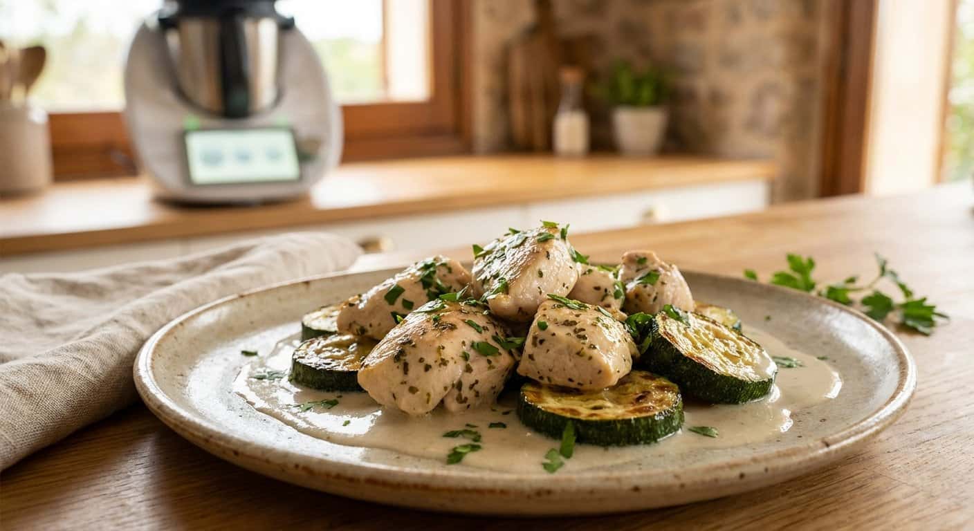 Pollo a la provenzal con calabacín y salsa de coco ligero