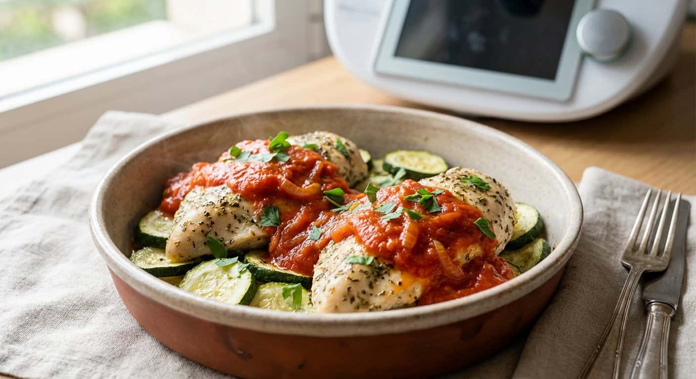 Pollo a la provenzal con calabacín y salsa de pimiento en Thermomix