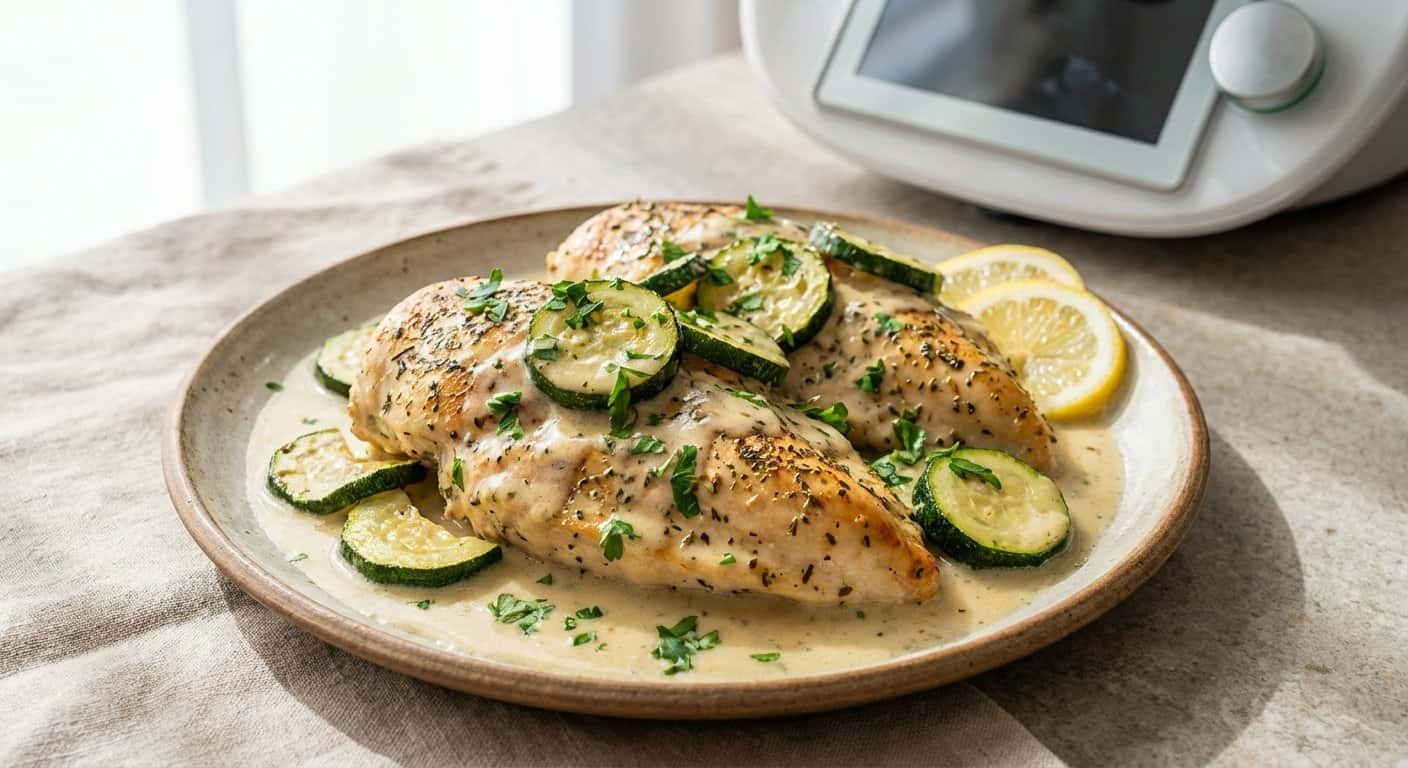 Pollo a la provenzal con calabacín y salsa de vino blanco en Thermomix