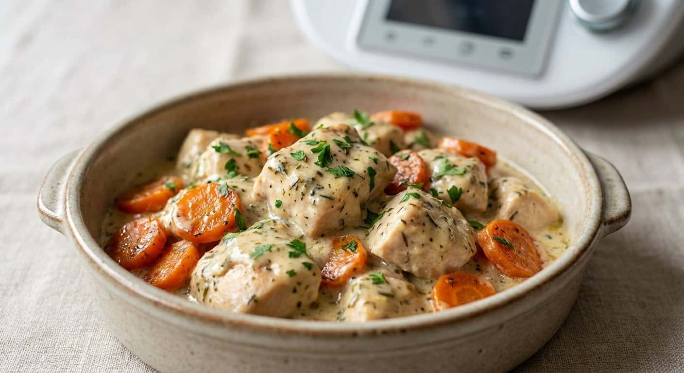 Pollo a la provenzal con zanahoria y salsa de ajo en Thermomix